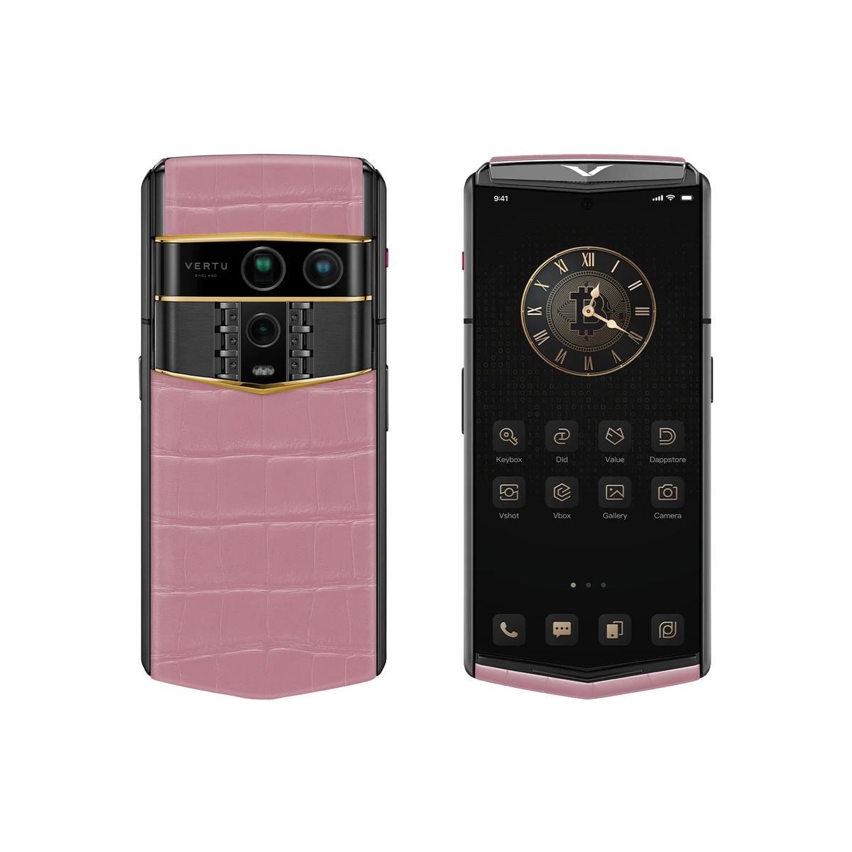 VERTU AGENT Q PHONE BESPOKE SAKURA PINK GOLD III ALLIGATOR SKIN, shown from the back and the front