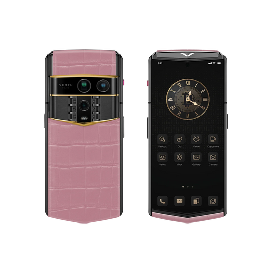 VERTU AGENT Q PHONE BESPOKE SAKURA PINK GOLD III ALLIGATOR SKIN, shown from the back and the front