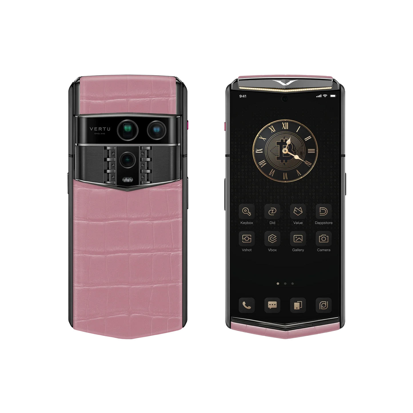 VERTU AGENT Q PHONE BESPOKE SAKURA PINK GOLD I & DIAMOND ALLIGATOR SKIN, rear panel and screen