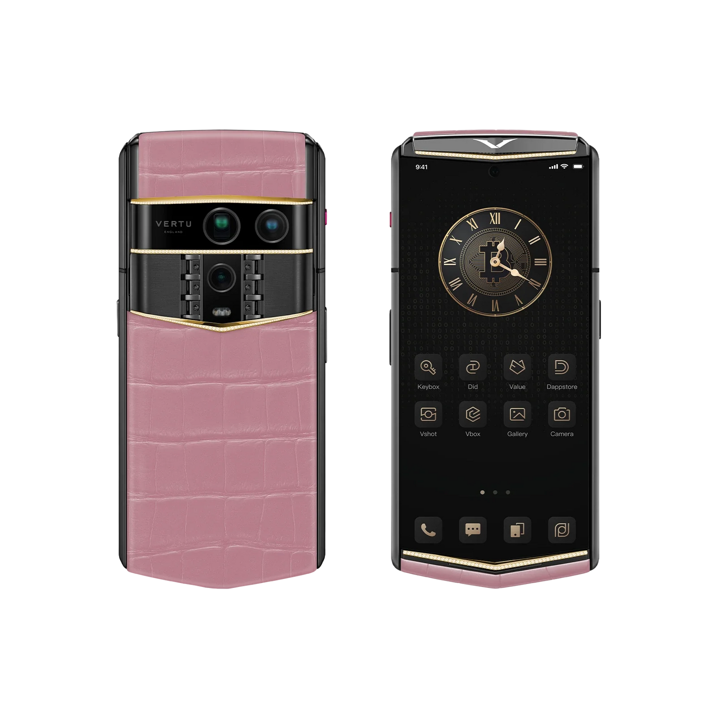 VERTU AGENT Q PHONE BESPOKE SAKURA PINK GOLD V & DIAMOND ALLIGATOR SKIN, closed, seen from the front