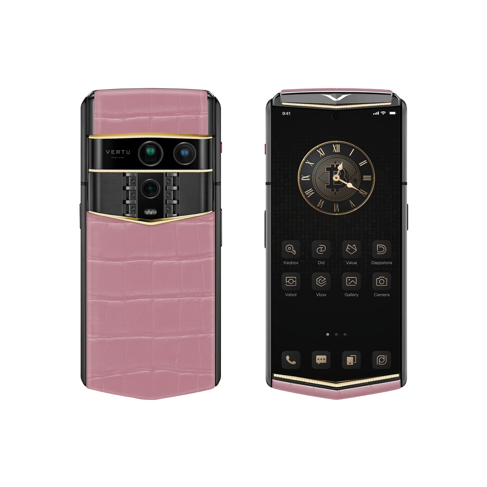 VERTU AGENT Q PHONE BESPOKE SAKURA PINK GOLD V & DIAMOND ALLIGATOR SKIN, closed, seen from the front