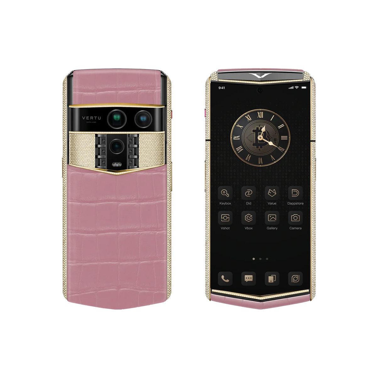 VERTU AGENT Q PHONE BESPOKE SAKURA PINK GOLD & FULL DIAMOND ALLIGATOR SKIN, side profile with the hinge