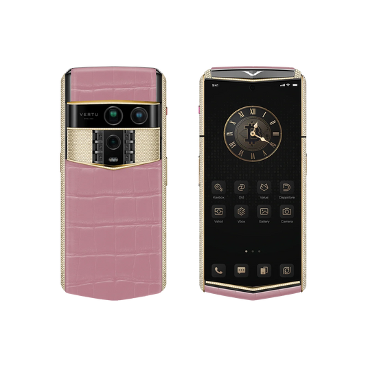 VERTU AGENT Q PHONE BESPOKE SAKURA PINK GOLD & FULL DIAMOND ALLIGATOR SKIN, side profile with the hinge