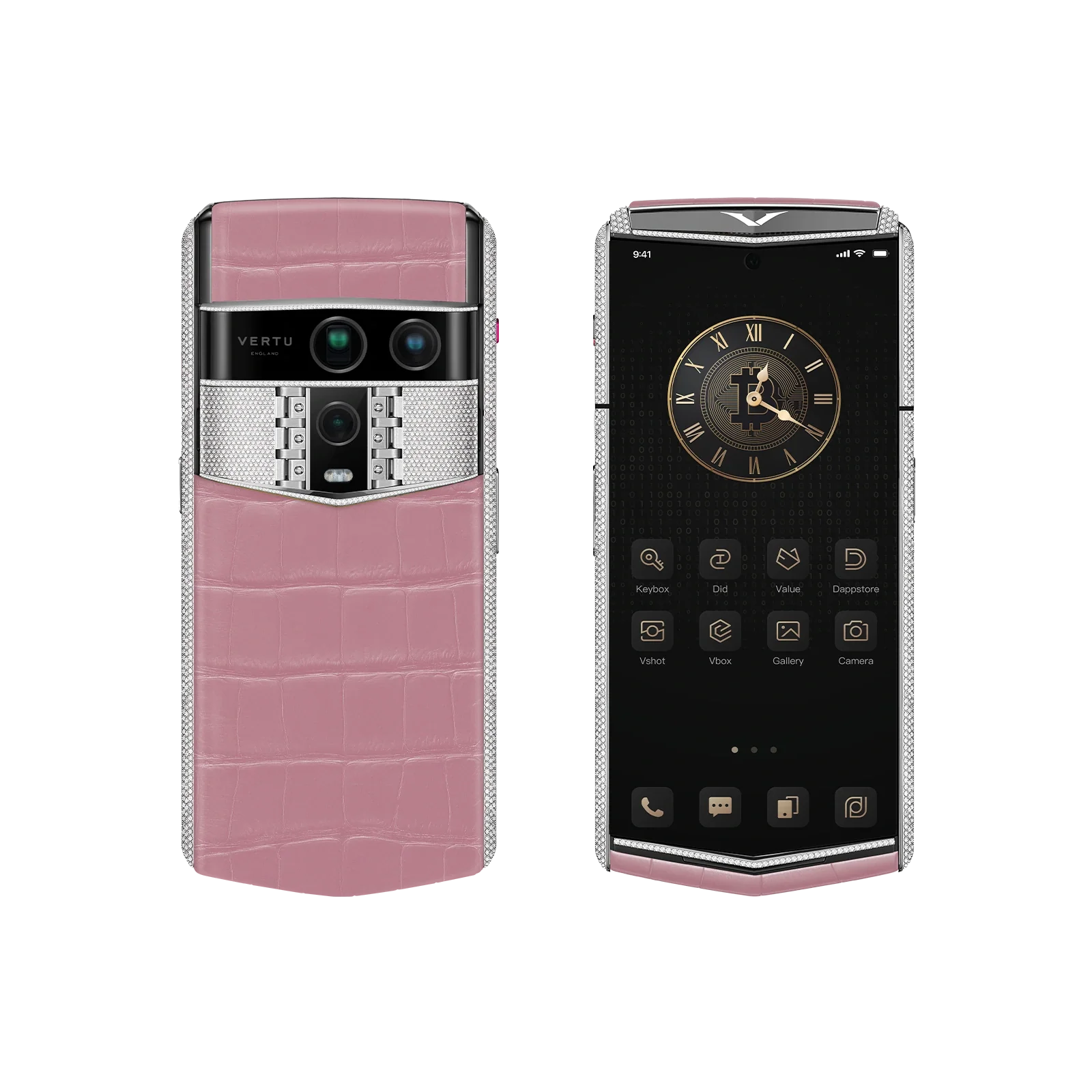 VERTU AGENT Q PHONE BESPOKE SAKURA PINK WHITE GOLD & FULL DIAMOND ALLIGATOR SKIN, open, showing the inner screen
