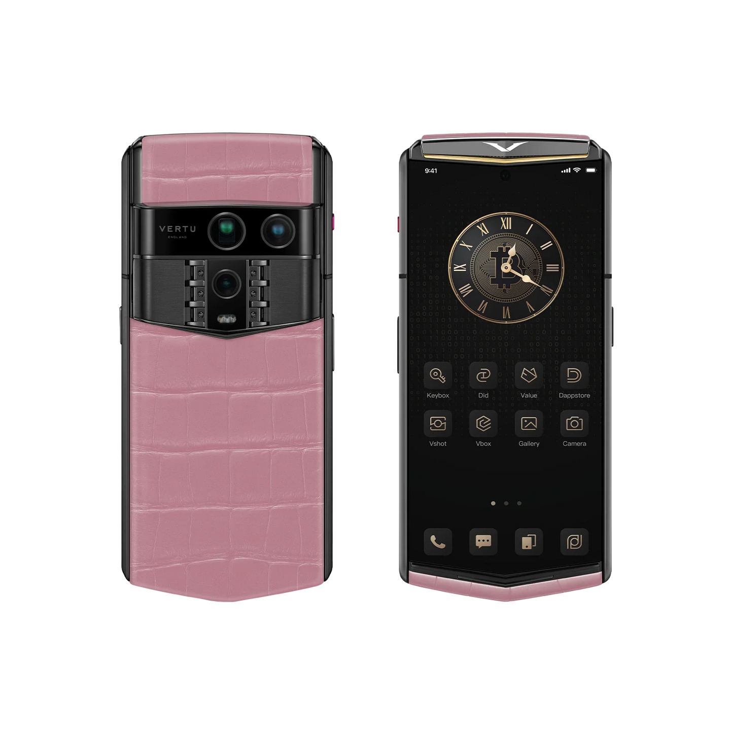 VERTU AGENT Q PHONE BESPOKE SAKURA PINK GOLD I ALLIGATOR SKIN, alligator leather and gold case, back and front view