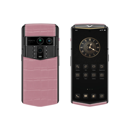VERTU AGENT Q PHONE BESPOKE SAKURA PINK GOLD I ALLIGATOR SKIN, alligator leather and gold case, back and front view