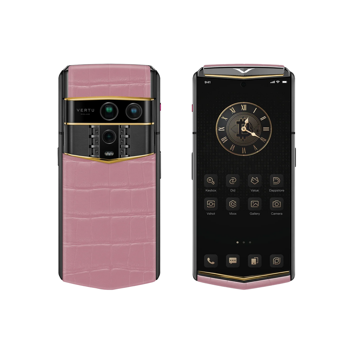 VERTU AGENT Q PHONE BESPOKE SAKURA PINK GOLD V ALLIGATOR SKIN, front and back, alligator leather and gold case