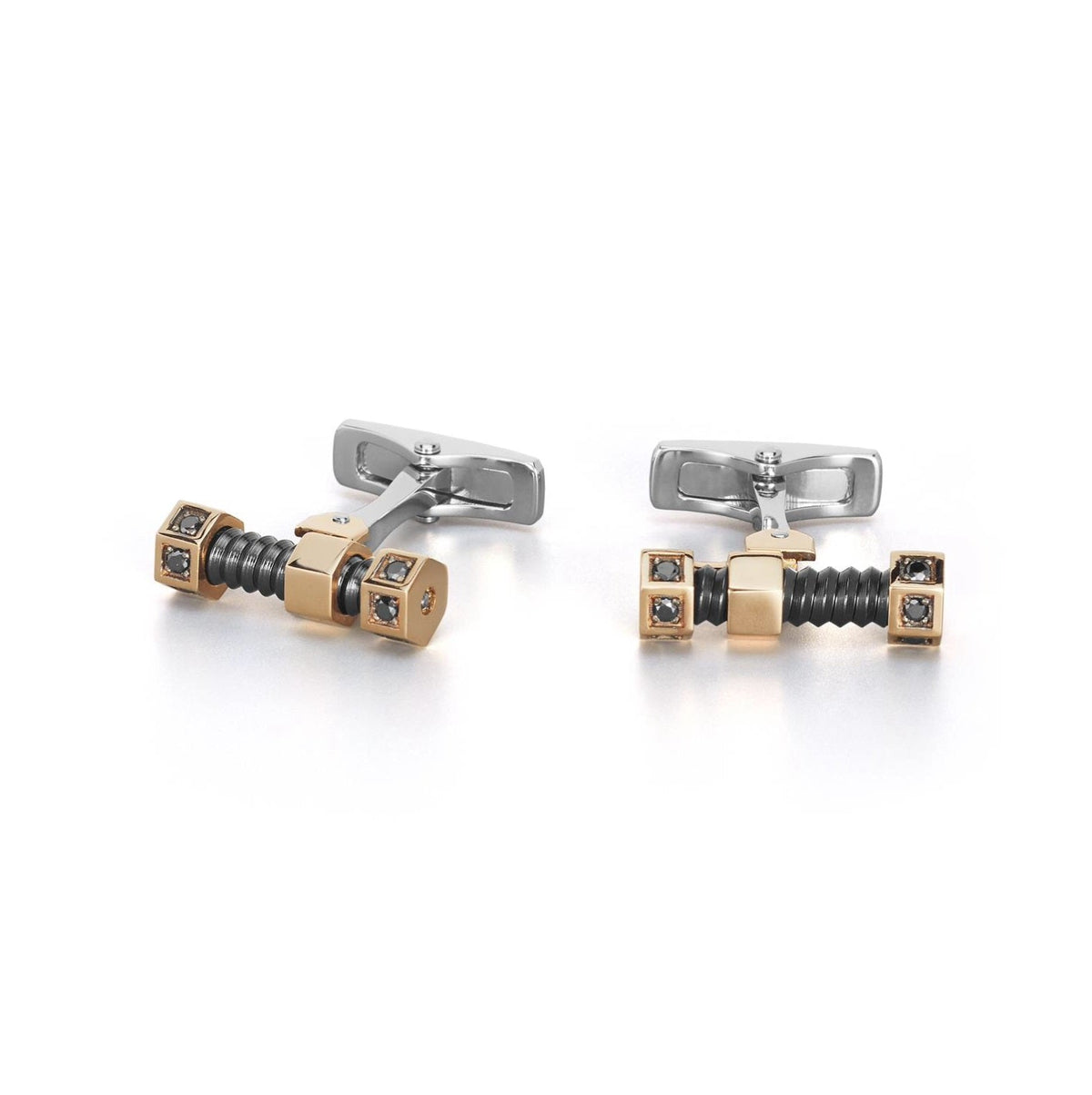 Baraka Cufflinks PS334401RODN, a men's pair of cufflinks in rose gold and stainless steel set with diamonds