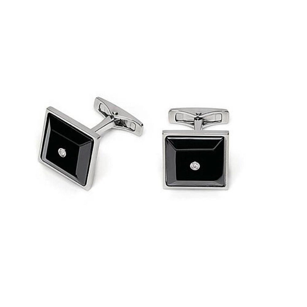 Baraka Style Cufflinks PS215510ACCN-04, a men's pair of cufflinks in black ceramic and stainless steel set with diamonds