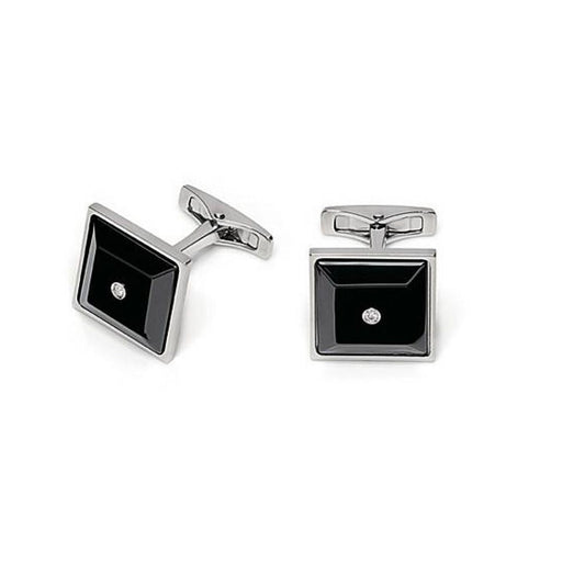 Baraka Style Cufflinks PS215510ACCN-04, a men's pair of cufflinks in black ceramic and stainless steel set with diamonds