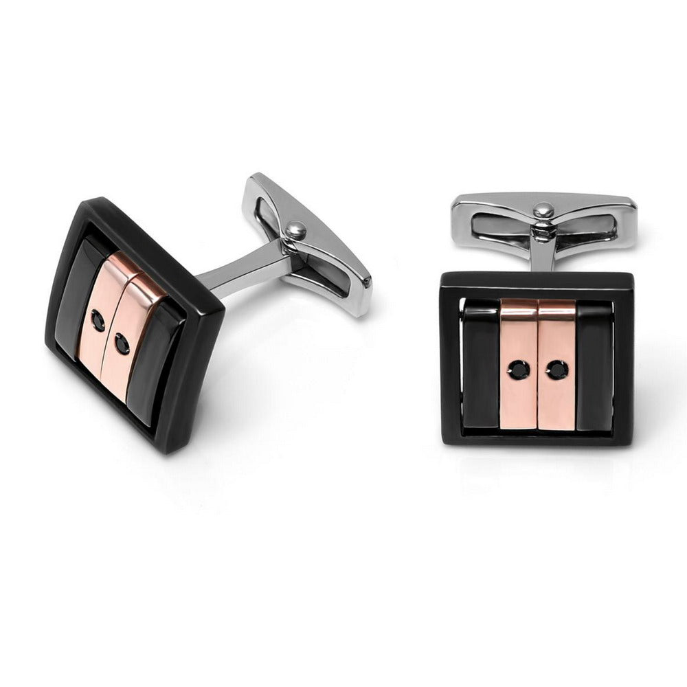Baraka Cufflinks PS232031RODN, a men's pair of cufflinks in rose gold and stainless steel set with diamonds