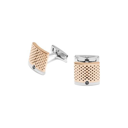 Baraka Cufflinks PS313001RBDN-06, a men's pair of cufflinks in rose and white gold and stainless steel set with diamonds