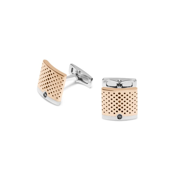 Baraka Cufflinks PS313001RBDN-06, a men's pair of cufflinks in rose and white gold and stainless steel set with diamonds
