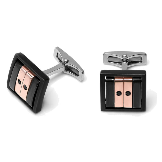 Baraka Cufflinks PS232031RODN, a men's pair of cufflinks in rose gold and stainless steel set with diamonds