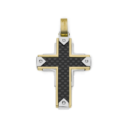 Baraka Fiber Cross CR291081GBCO-04, a men's cross in white and yellow gold and carbon fibre set with diamonds
