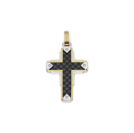 Baraka Fiber Cross CR291091GBCO-03, a men's cross in white and yellow gold and carbon fibre set with diamonds