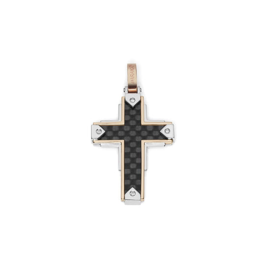 Baraka Fiber Cross CR291091RBCO-03, a men's cross in rose and white gold and carbon fibre set with diamonds