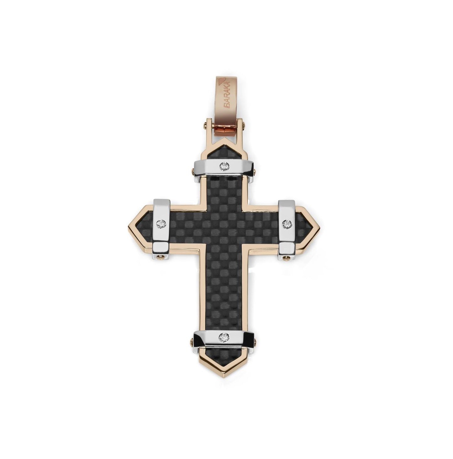 Baraka Fiber Cross CR291101RBCO-04, a men's cross in rose and white gold and carbon fibre set with diamonds