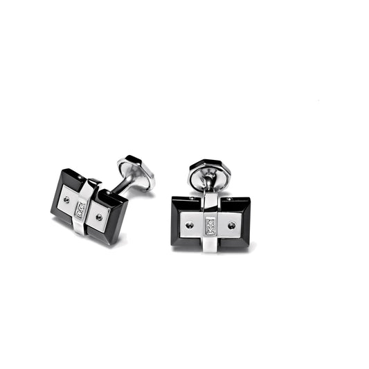 Baraka Kabala Cufflinks PS245042BNDB-04, a men's pair of cufflinks in stainless steel and PVD coating set with diamonds