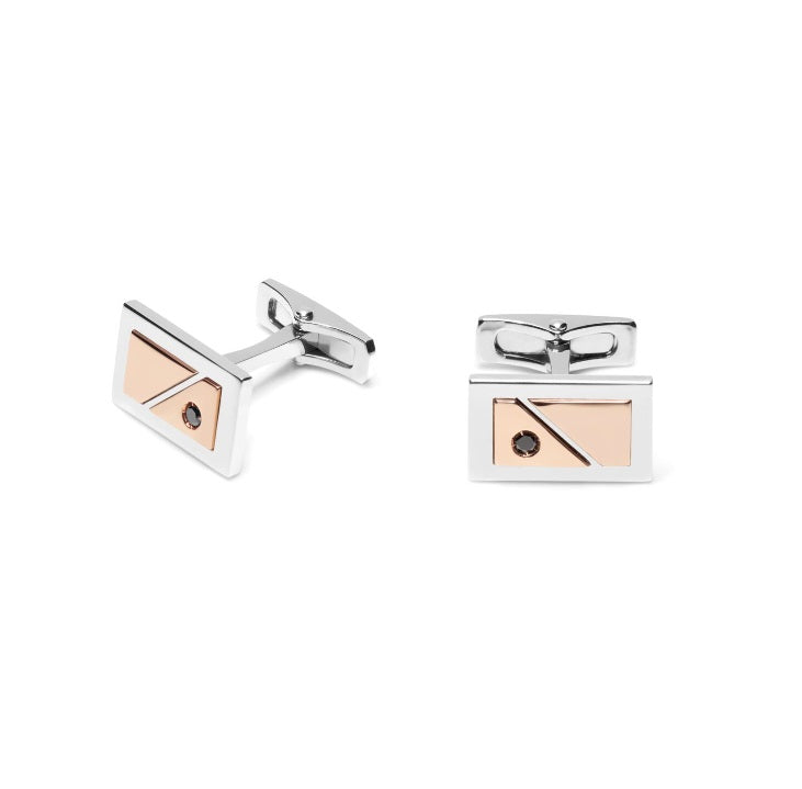 Baraka Logo Cufflinks PS311001RODN-10, a men's pair of cufflinks in rose and white gold and stainless steel set with diamonds