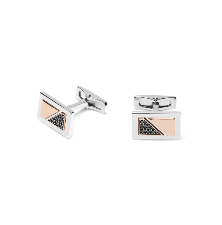 Baraka Cufflinks PS311001RODN-14, a men's pair of cufflinks in rose and white gold and stainless steel set with diamonds