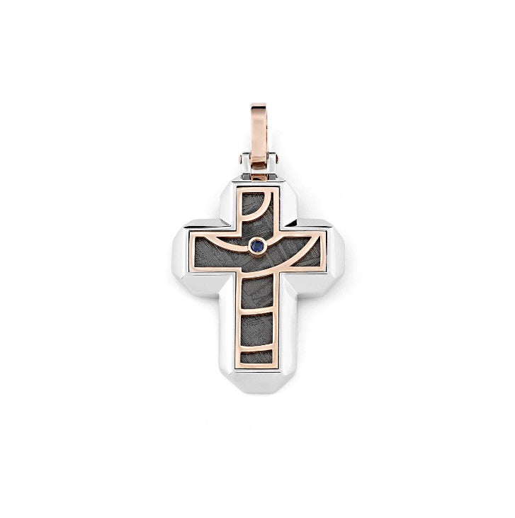 Baraka Meteorite Cross CR312001BRZA-02, a men's cross in rose and white gold set with sapphires