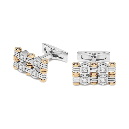 Baraka Cufflinks PS301011BRDB-40, a men's pair of cufflinks in rose and white gold and stainless steel set with diamonds