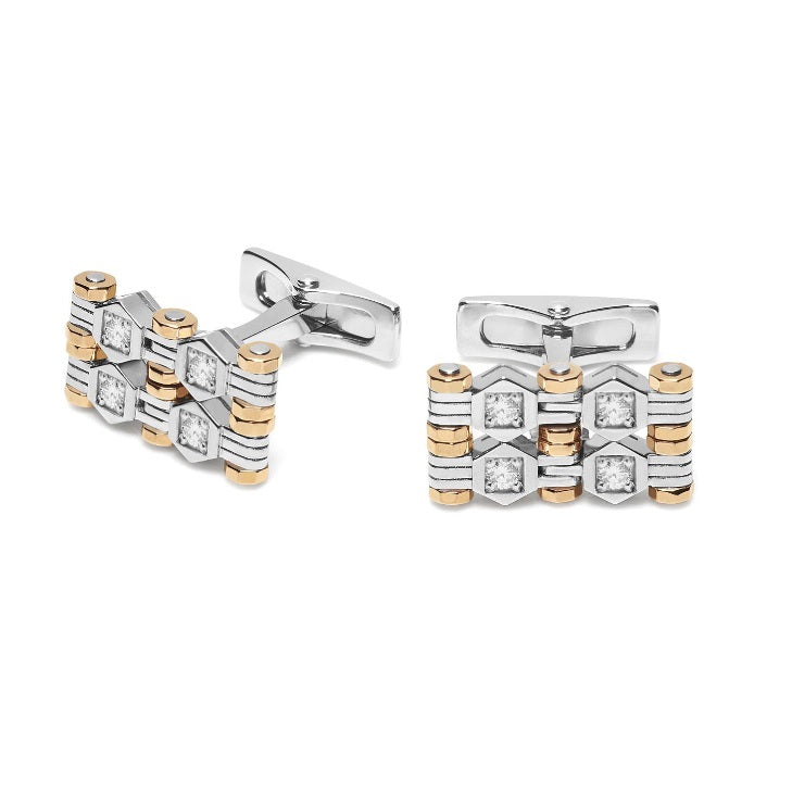 Baraka Cufflinks PS301011BRDB-40, a men's pair of cufflinks in rose and white gold and stainless steel set with diamonds