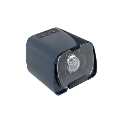 Buben & Zorweg Sphero Watch Winder, Cosmic Blue, three-quarter view with a watch inside