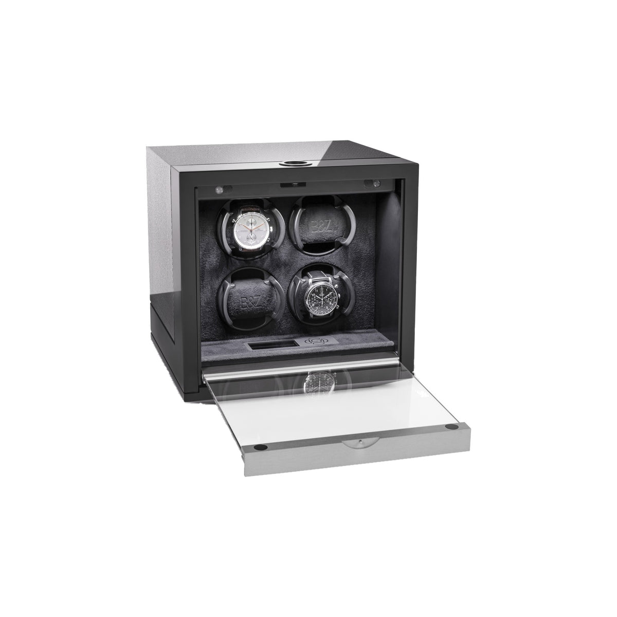 Buben & Zorweg Neo 4 watch winder in carbon high-gloss with the glass door open