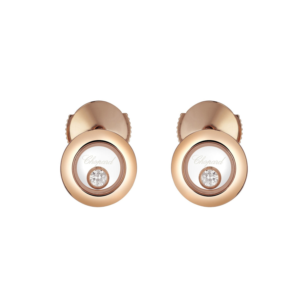 Chopard Happy Diamonds earrings in 18k ethical rose gold with moving diamonds view 3