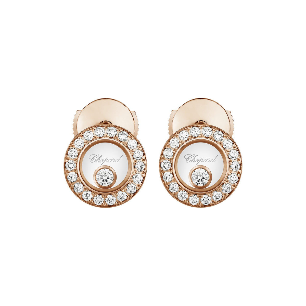 Chopard Happy Diamonds earrings in 18k ethical rose gold with moving diamonds view 3