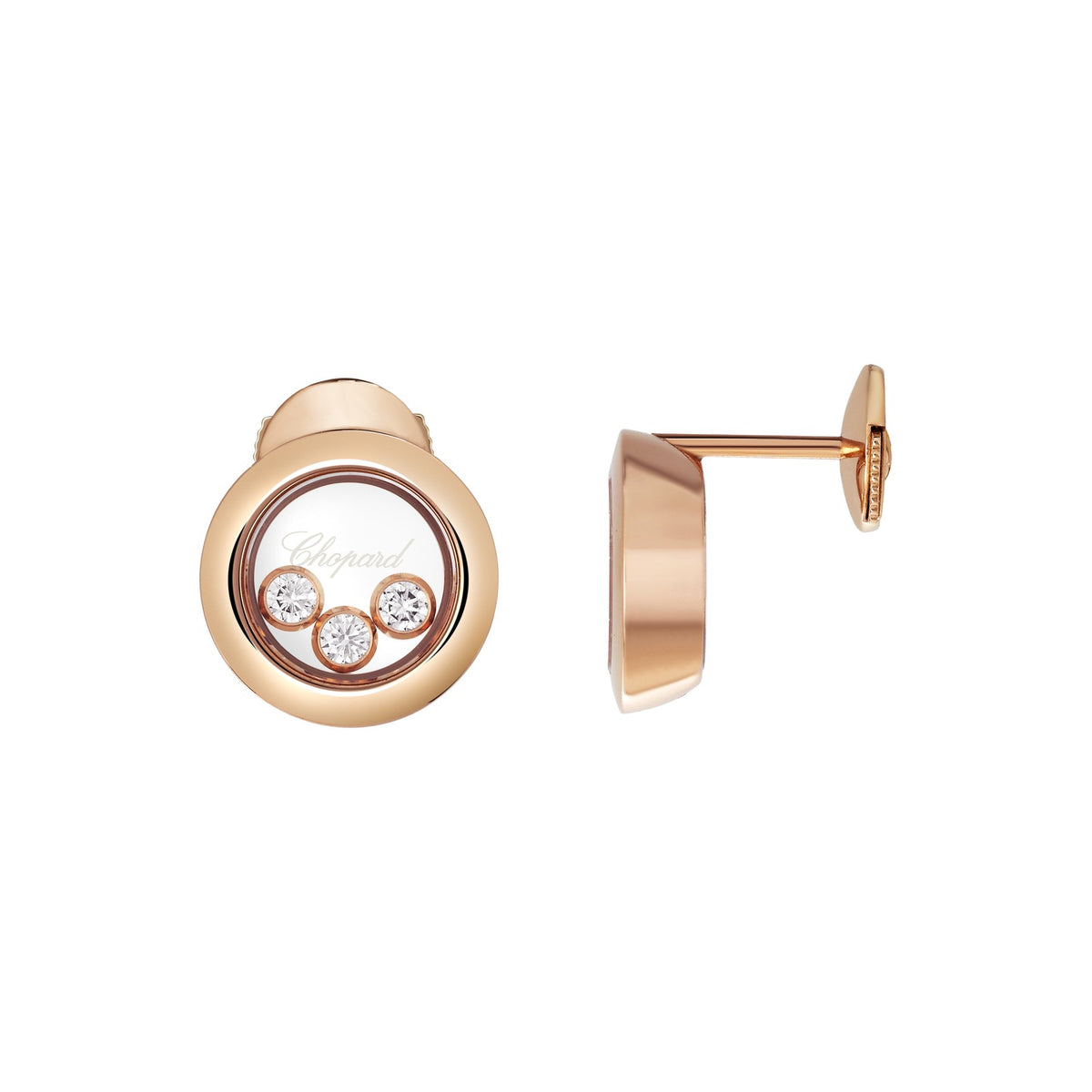 Chopard Happy Diamonds earrings in 18k ethical rose gold with moving diamonds view 2