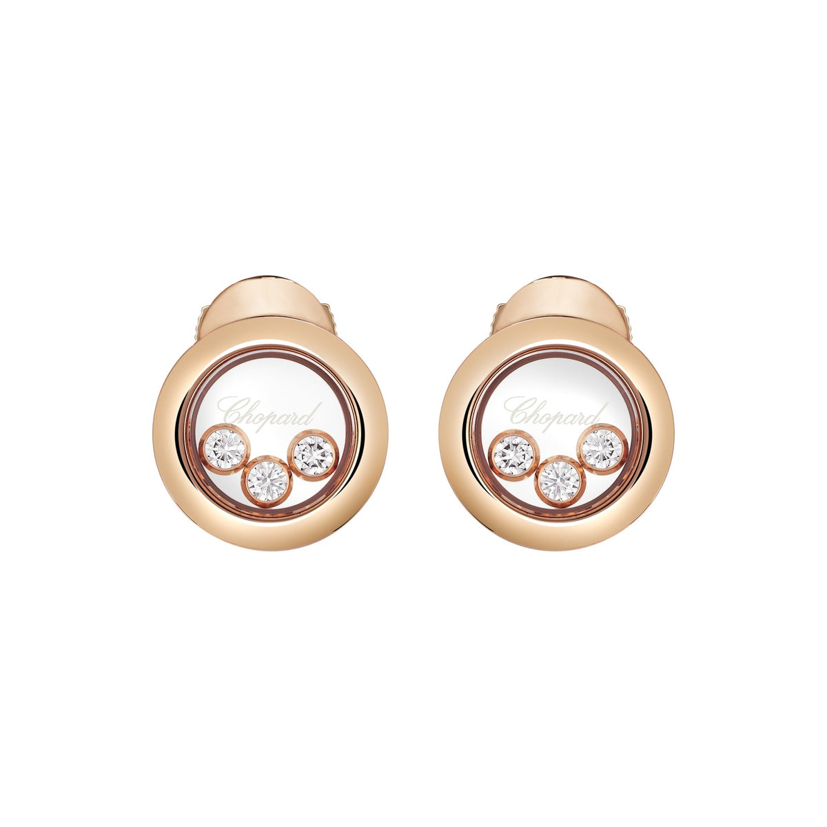 Chopard Happy Diamonds earrings in 18k ethical rose gold with moving diamonds view 3