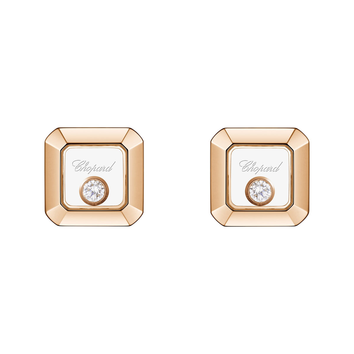 Chopard Happy Diamonds earrings in 18k ethical rose gold with moving diamonds view 3