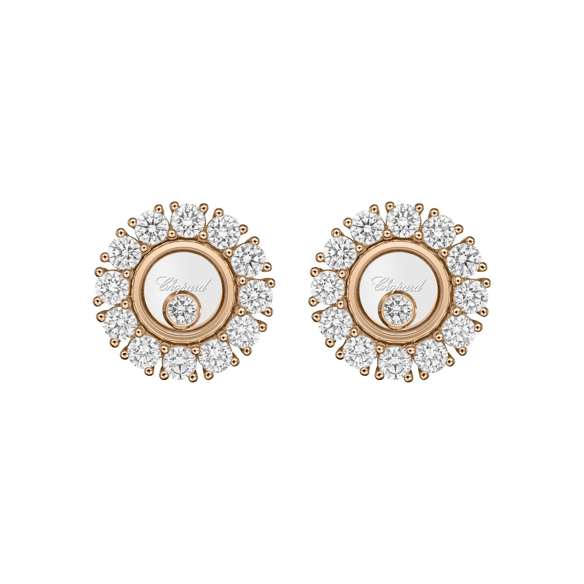 Chopard Happy Diamonds earrings in 18k ethical rose gold with moving diamonds view 3