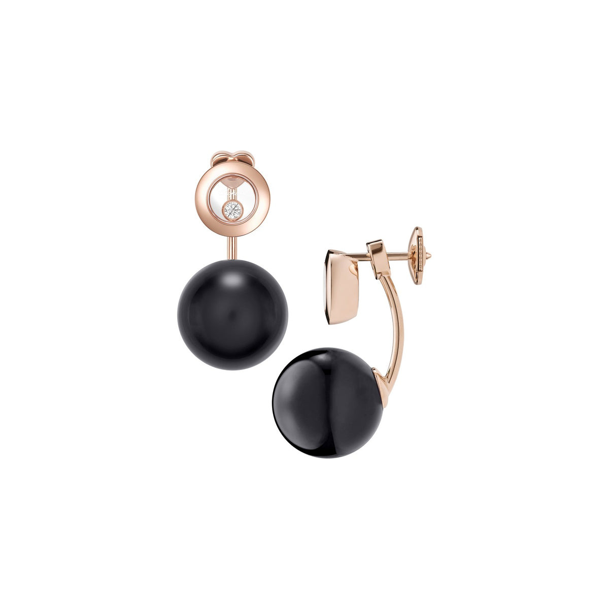 Chopard Happy Diamonds earrings in 18k ethical rose gold with diamonds and onyx view 2