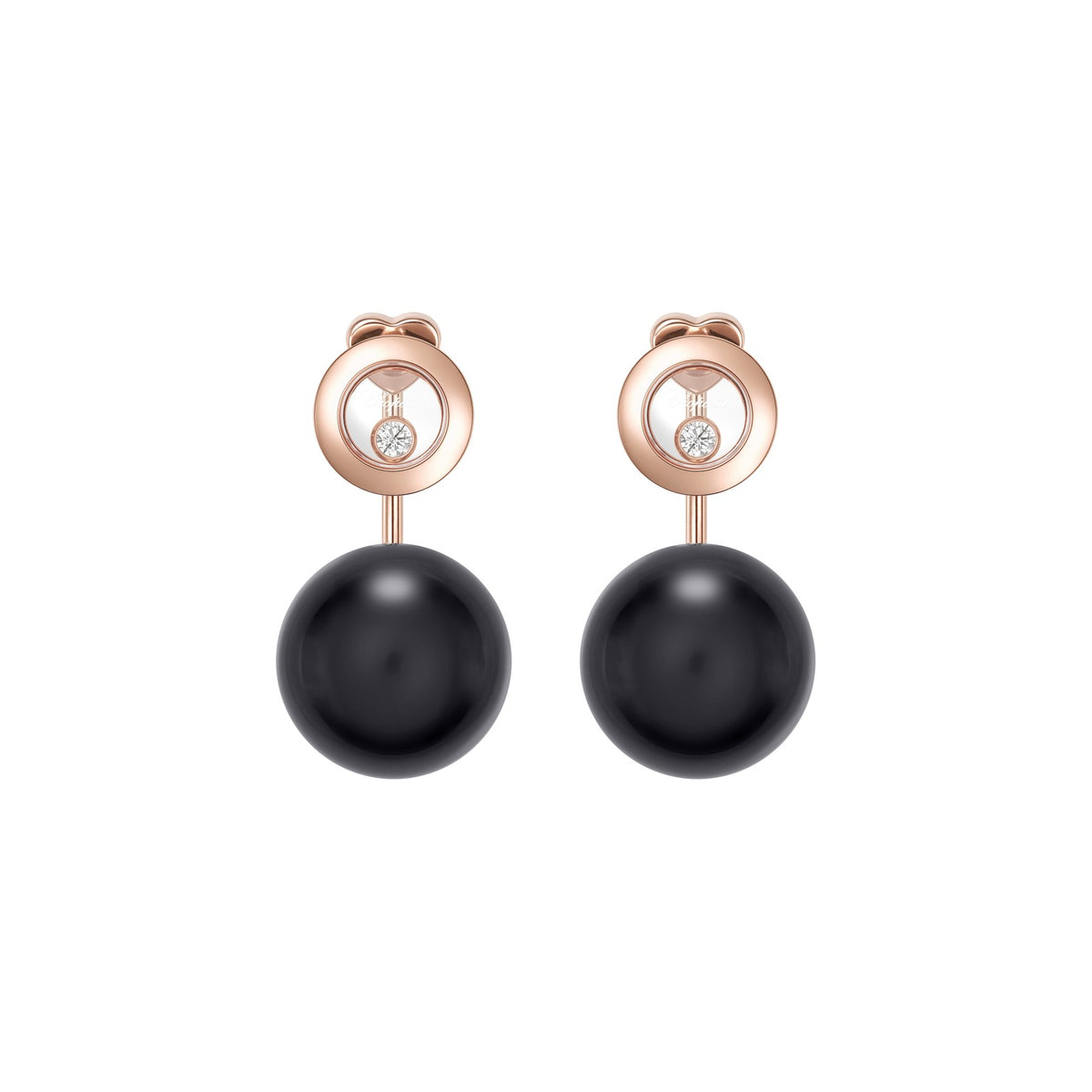 Chopard Happy Diamonds earrings in 18k ethical rose gold with diamonds and onyx view 3