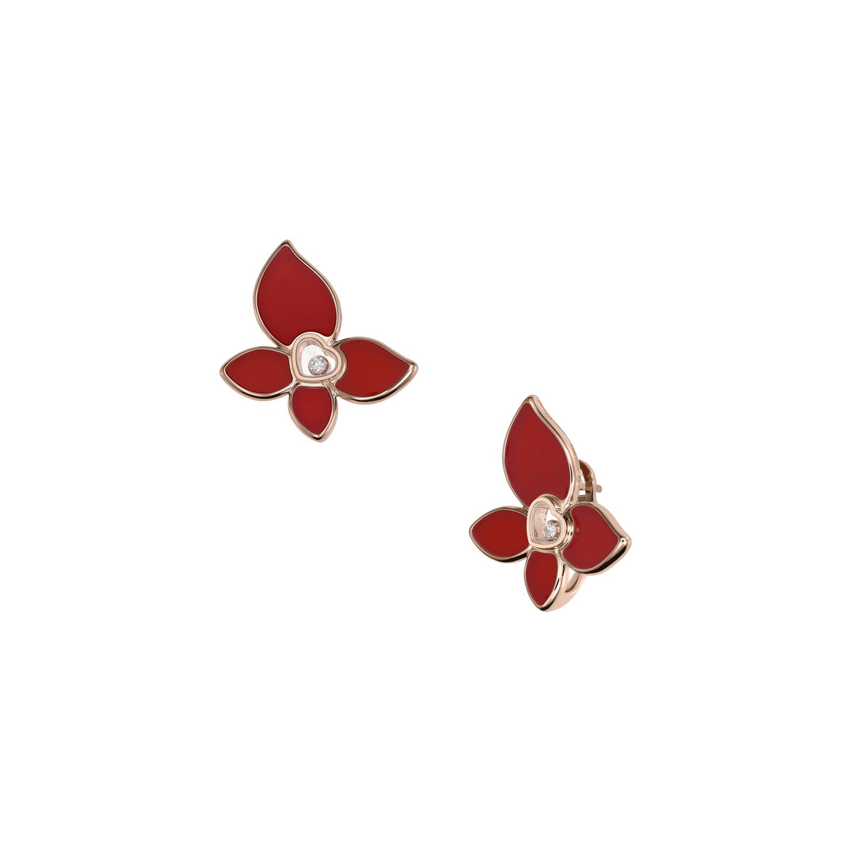 Chopard Happy Diamonds earrings in 18k ethical rose gold with moving diamonds and carnelian