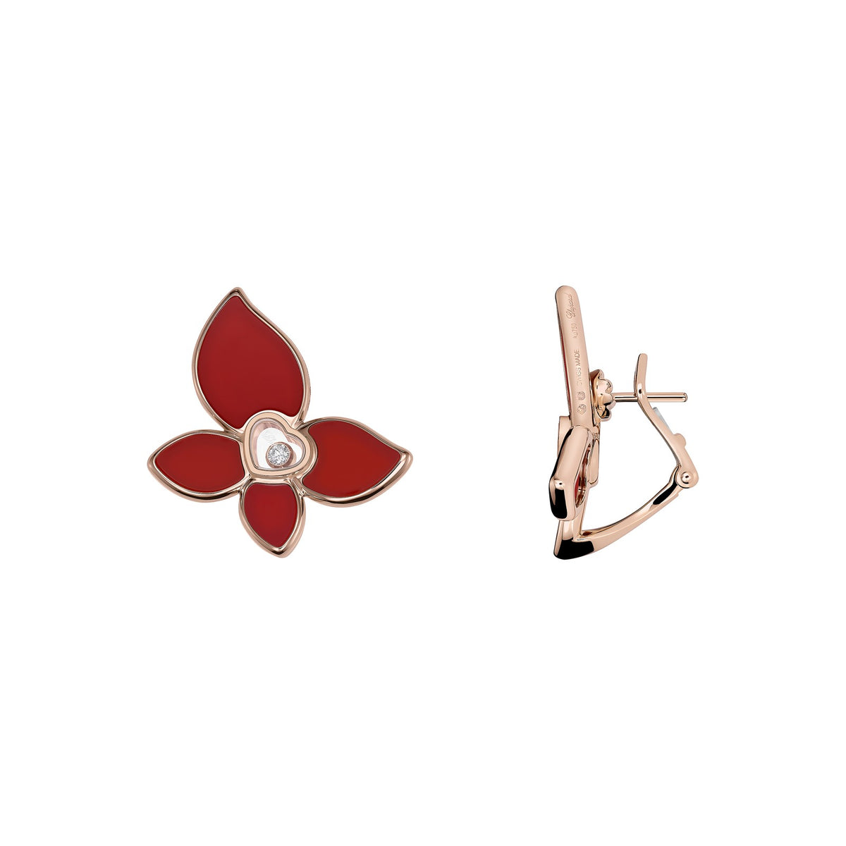 Chopard Happy Diamonds earrings in 18k ethical rose gold with moving diamonds and carnelian view 2