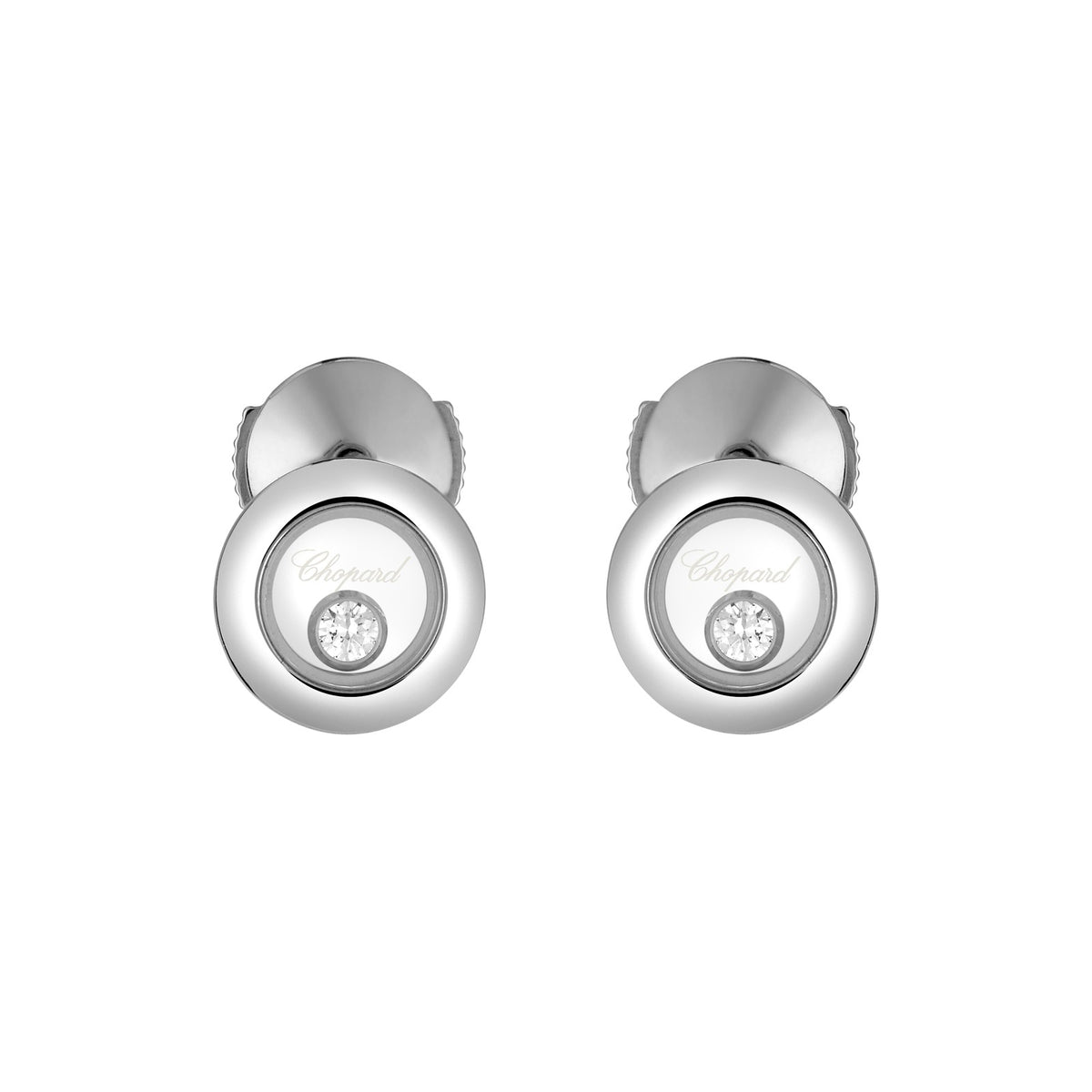 Chopard Happy Diamonds earrings in 18k ethical white gold with moving diamonds view 3