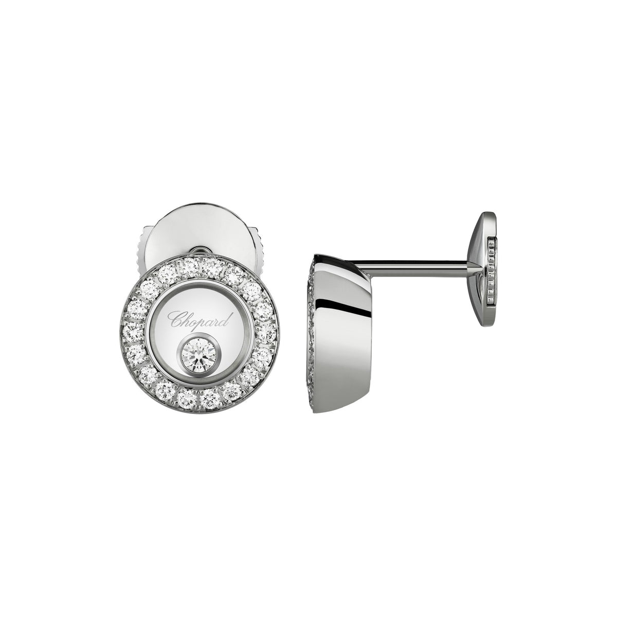 Chopard Happy Diamonds earrings in 18k ethical white gold with moving diamonds view 2