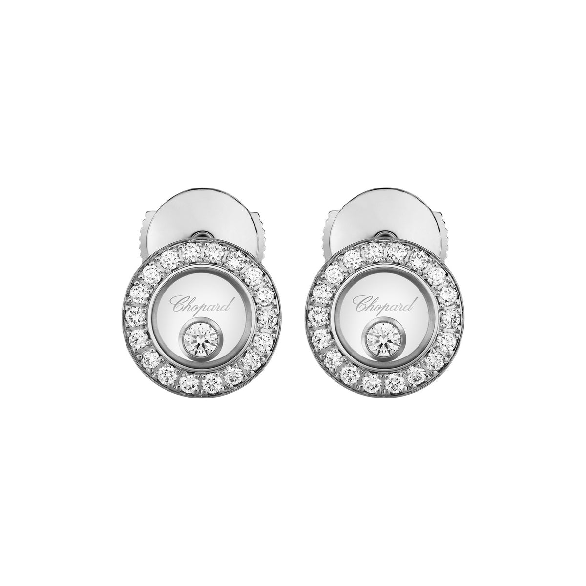 Chopard Happy Diamonds earrings in 18k ethical white gold with moving diamonds view 3