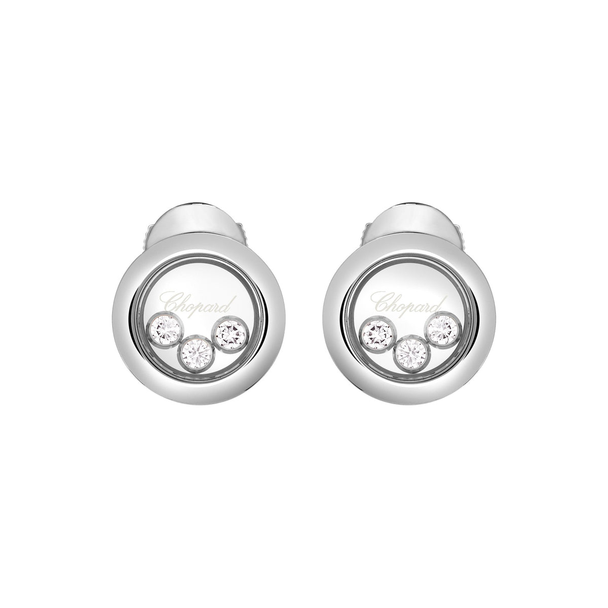 Chopard Happy Diamonds earrings in 18k ethical white gold with moving diamonds view 3
