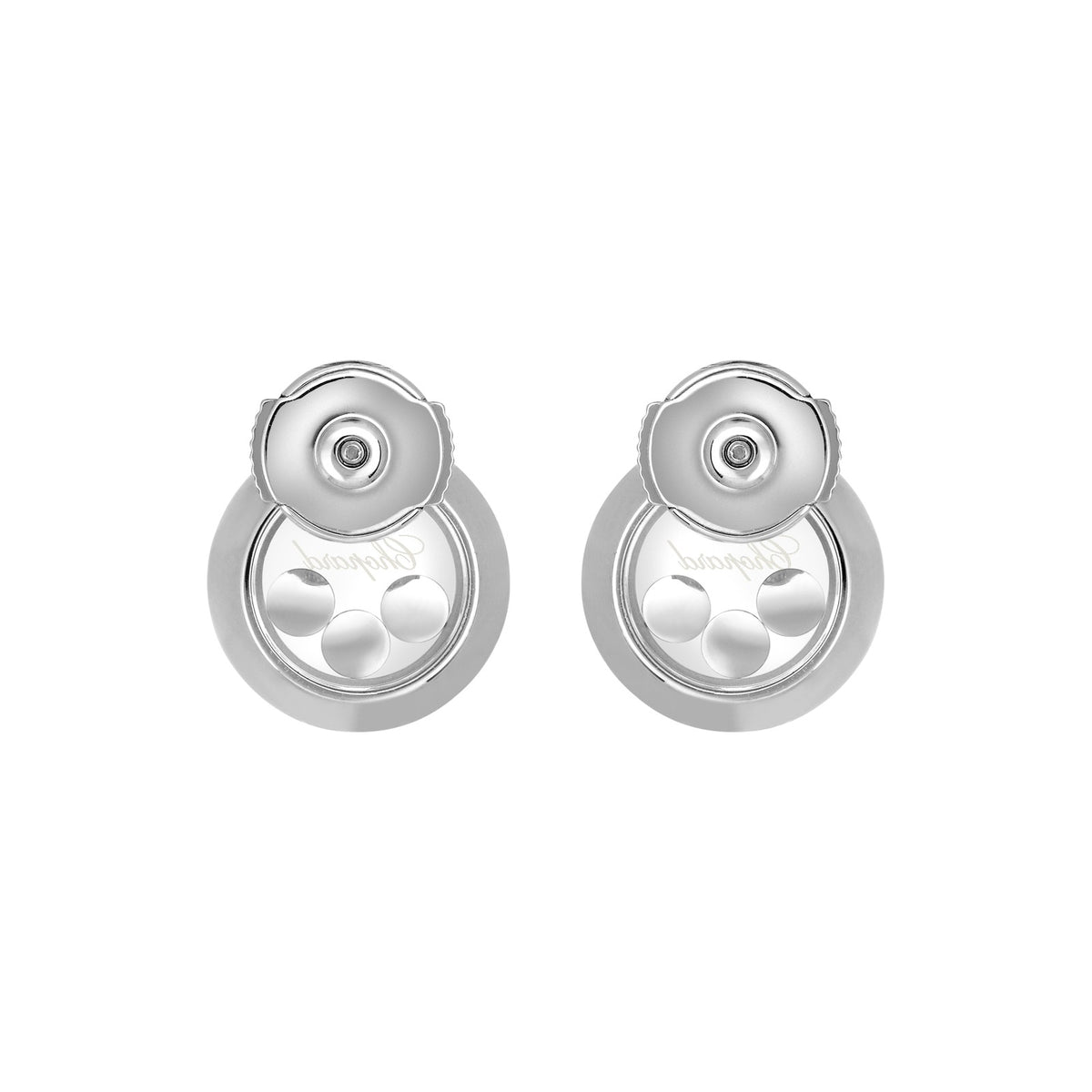 Chopard Happy Diamonds earrings in 18k ethical white gold with moving diamonds view 4