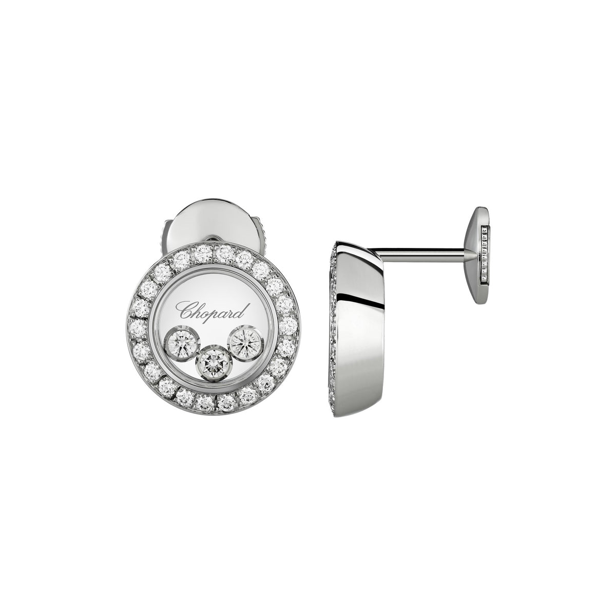 Chopard Happy Diamonds earrings in 18k ethical white gold with moving diamonds view 2