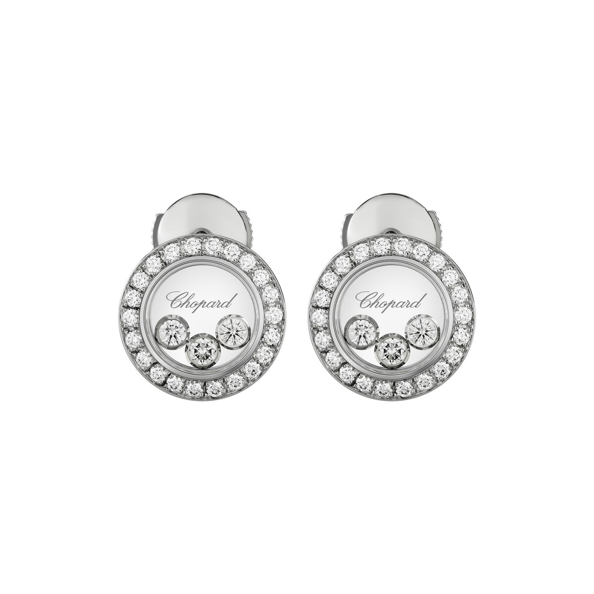 Chopard Happy Diamonds earrings in 18k ethical white gold with moving diamonds view 3