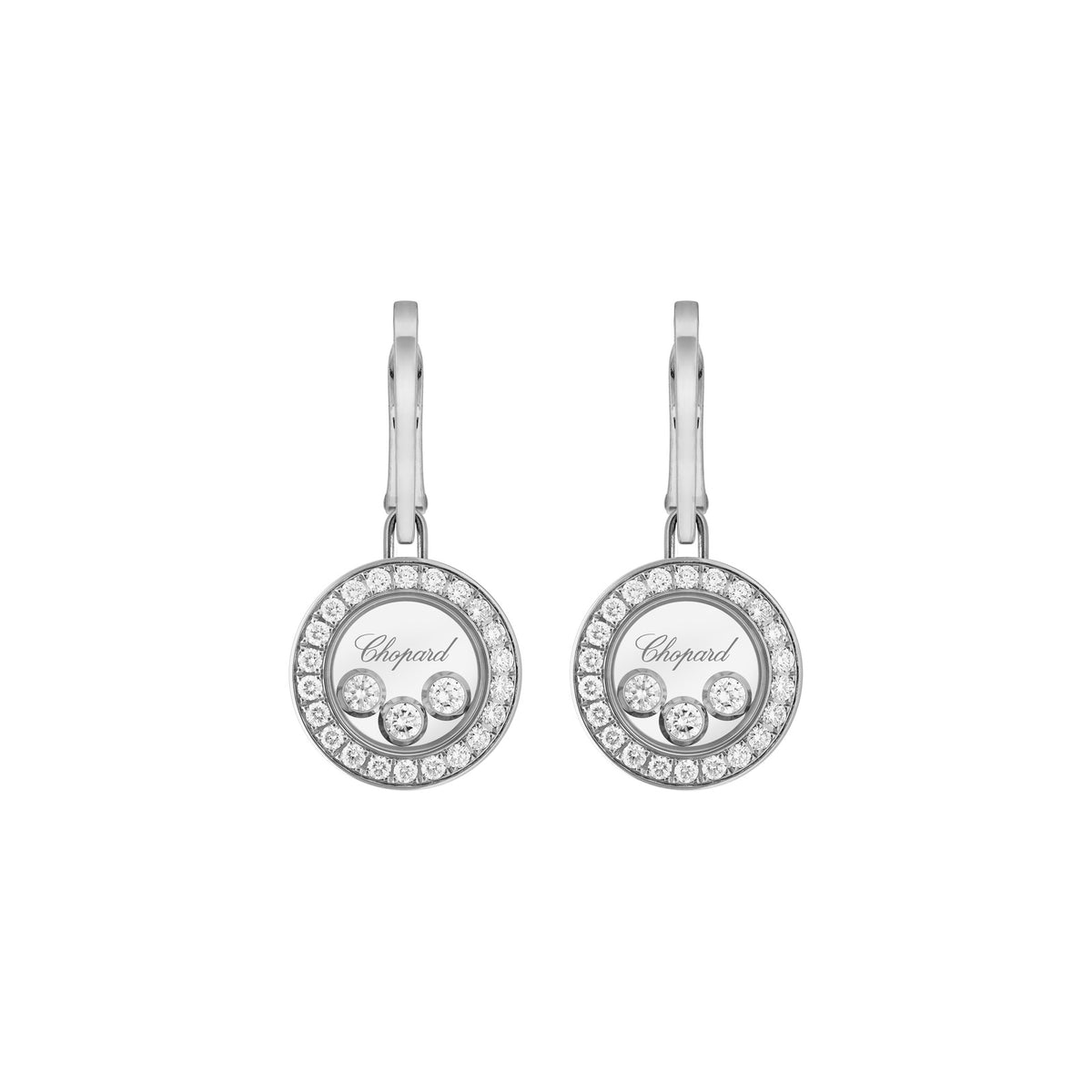 Chopard Happy Diamonds earrings in 18k ethical white gold with moving diamonds view 3