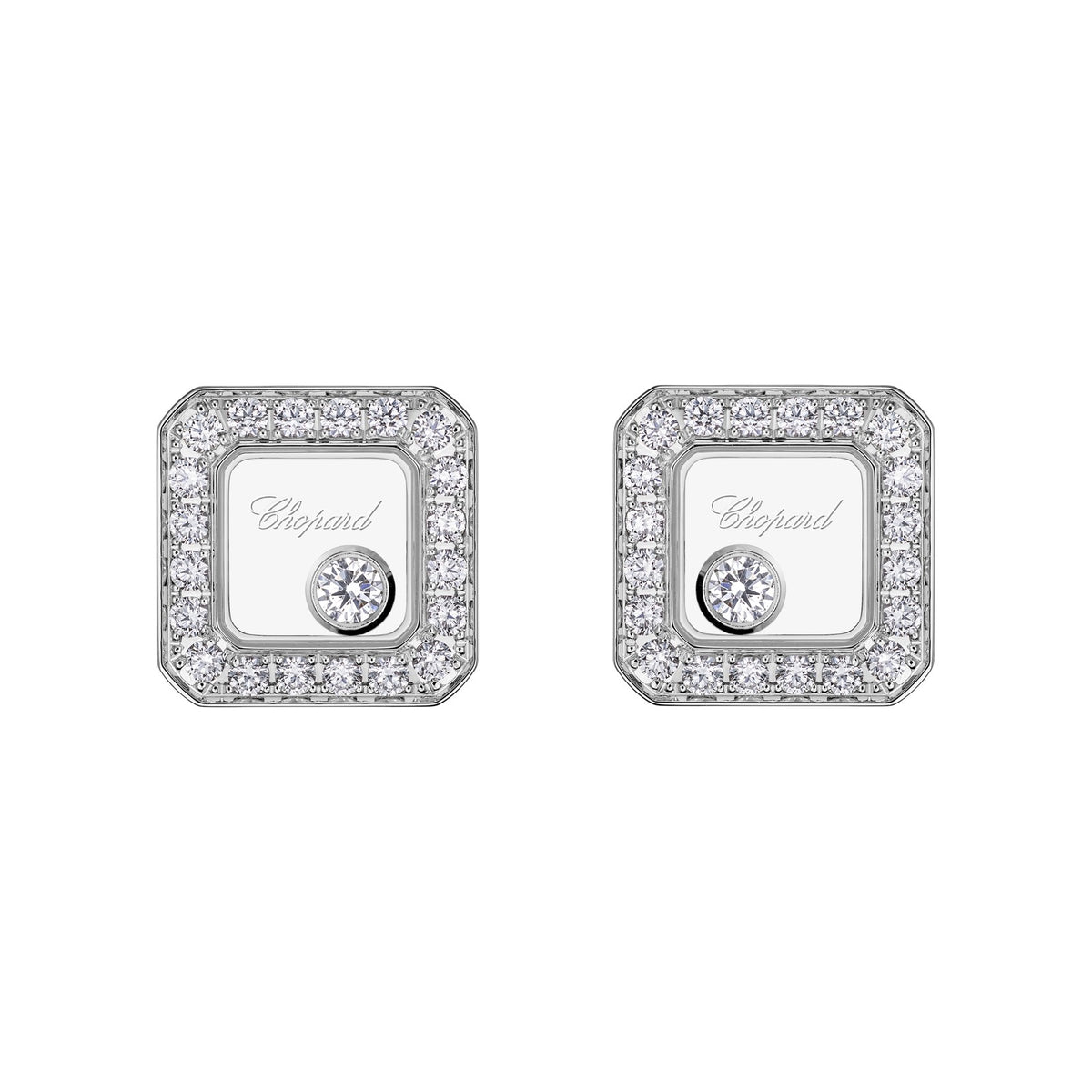 Chopard Happy Diamonds earrings in 18k ethical white gold with moving diamonds view 3