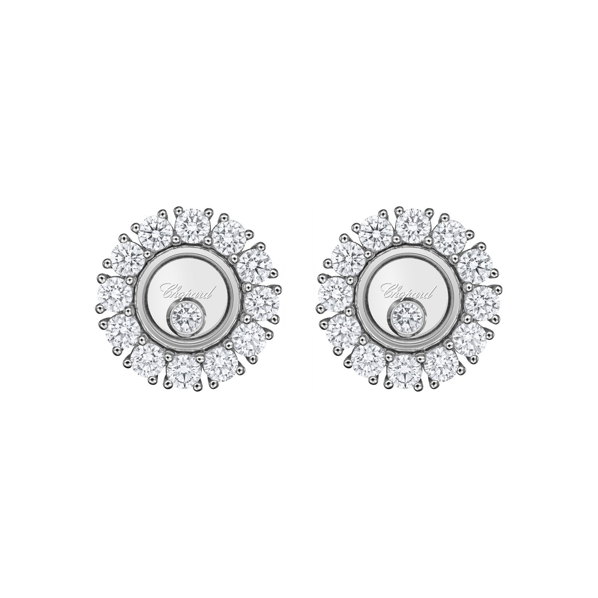 Chopard Happy Diamonds earrings in 18k ethical white gold with moving diamonds view 3